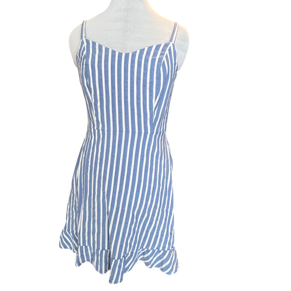Blue White Stripe Smocked Sundress Ruffle Hem Casual Beach Size M Swim Summer